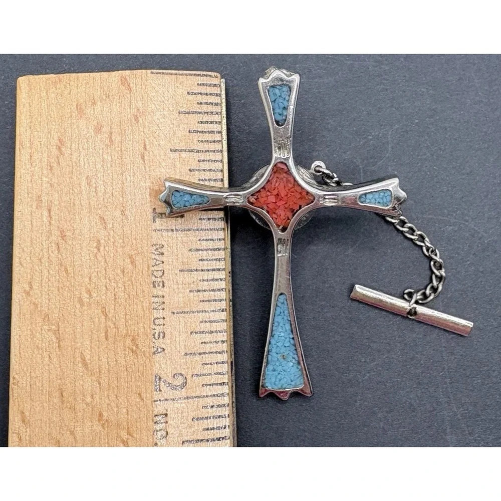 Vintage Southwestern Style Cross Tie Tack Turquoise & Red Coral Silver Tone